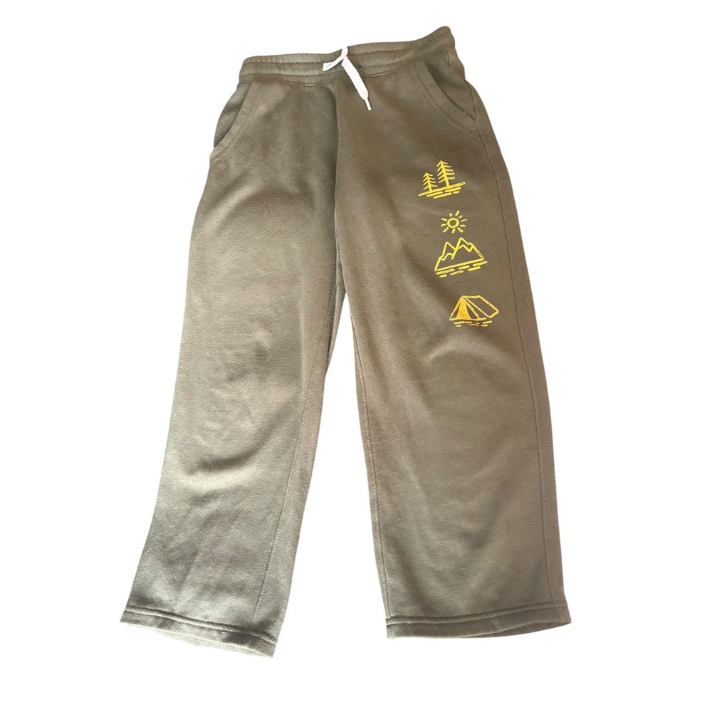 Old Navy Boys Size 8 Olive Green Fleece Sweatpants Camping Graphics AS IS